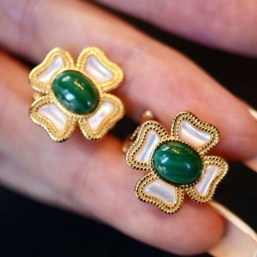 Natural Oval Malachite Studs Earrings silver|Malachite Jewelry|Vintage Green Studs Earrings|Antique Malachite Earrings|Anniversary Gift - Image 2