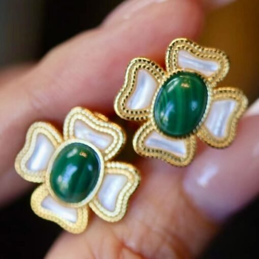 Natural Oval Malachite Studs Earrings silver|Malachite Jewelry|Vintage Green Studs Earrings|Antique Malachite Earrings|Anniversary Gift - Image 3
