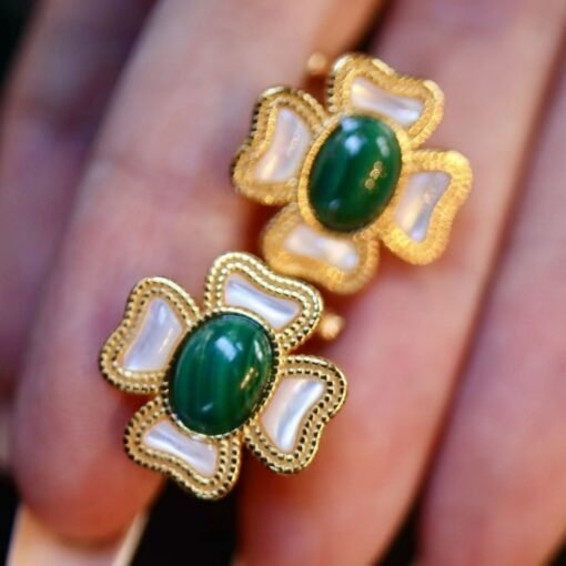 Natural Oval Malachite Studs Earrings silver|Malachite Jewelry|Vintage Green Studs Earrings|Antique Malachite Earrings|Anniversary Gift - Image 5