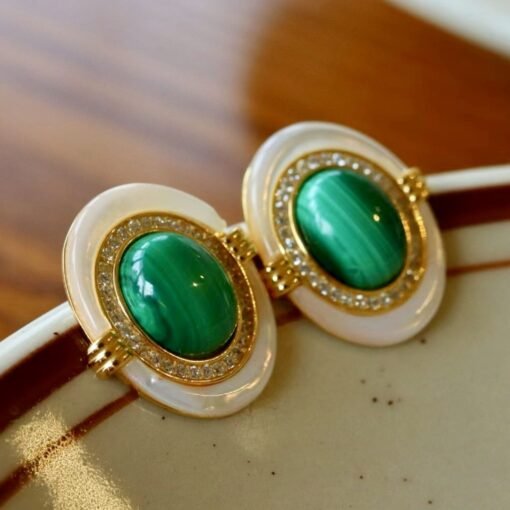 Genuine Malachite Studs Earrings Sterling Silver|Statement Malachite Earrings|Oval Halo Malachite Earrings Silver|Vintage malachite studs - Image 5