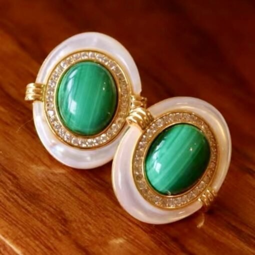 Genuine Malachite Studs Earrings Sterling Silver|Statement Malachite Earrings|Oval Halo Malachite Earrings Silver|Vintage malachite studs - Image 6