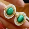 Genuine Malachite Studs Earrings Sterling Silver|Statement Malachite Earrings|Oval Halo Malachite Earrings Silver|Vintage malachite studs