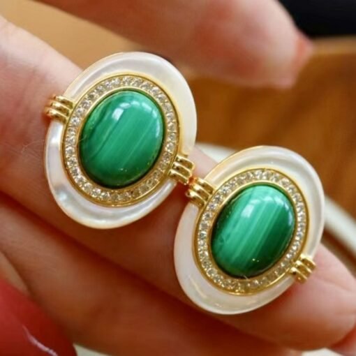 Genuine Malachite Studs Earrings Sterling Silver|Statement Malachite Earrings|Oval Halo Malachite Earrings Silver|Vintage malachite studs