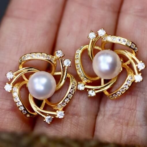 Unique Pearl stud Earrings gold plated silver|Vintage Floral Pearl stud|handmade pedal Pearl Earrings Silver|art deco Pearl Earrings women - Image 2