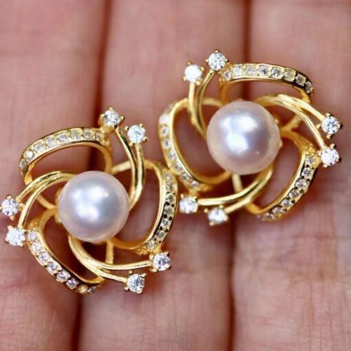 Unique Pearl stud Earrings gold plated silver|Vintage Floral Pearl stud|handmade pedal Pearl Earrings Silver|art deco Pearl Earrings women - Image 5