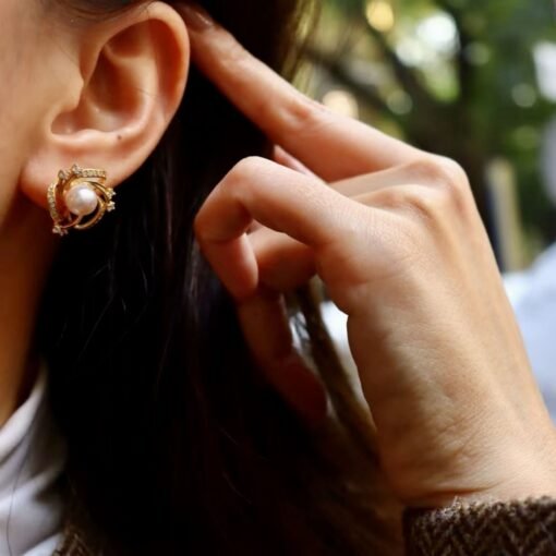 Unique Pearl stud Earrings gold plated silver|Vintage Floral Pearl stud|handmade pedal Pearl Earrings Silver|art deco Pearl Earrings women - Image 4