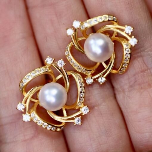 Unique Pearl stud Earrings gold plated silver|Vintage Floral Pearl stud|handmade pedal Pearl Earrings Silver|art deco Pearl Earrings women