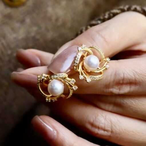 Unique Pearl stud Earrings gold plated silver|Vintage Floral Pearl stud|handmade pedal Pearl Earrings Silver|art deco Pearl Earrings women - Image 6