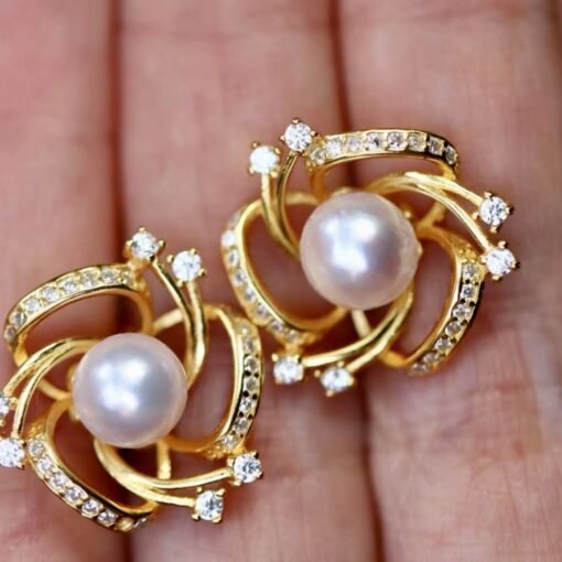 Unique Pearl stud Earrings gold plated silver|Vintage Floral Pearl stud|handmade pedal Pearl Earrings Silver|art deco Pearl Earrings women - Image 8