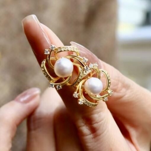 Unique Pearl stud Earrings gold plated silver|Vintage Floral Pearl stud|handmade pedal Pearl Earrings Silver|art deco Pearl Earrings women - Image 7