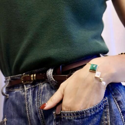 Natural Malachite Bracelet with pearl 925 silverCabochon Malachite braceletsArt deco modern malachite bangleUnique pearl bracelet women - Image 6