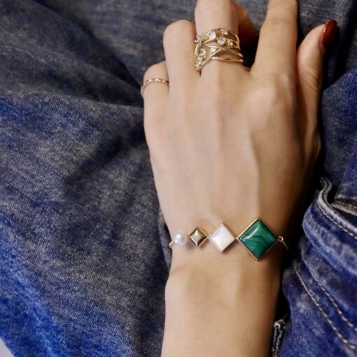 Natural Malachite Bracelet with pearl 925 silverCabochon Malachite braceletsArt deco modern malachite bangleUnique pearl bracelet women - Image 7