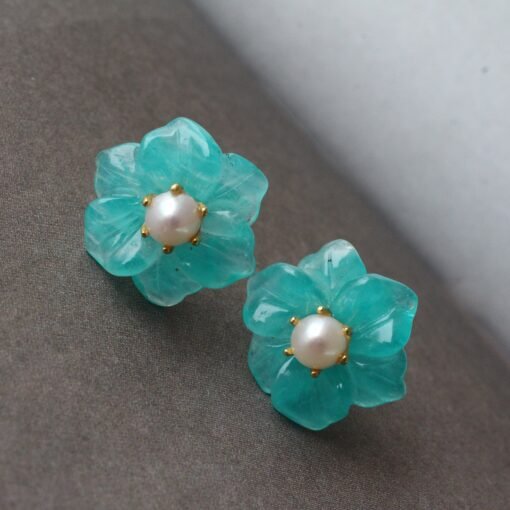Natural Amazonite with Pearl Stud Earrings/Unique Amazonite Earrings/Tiny Petal Flower Earrings|Hand Carved Gemstone Earrings|Birthday Gift - Image 2