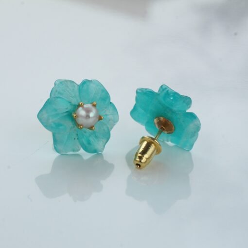 Natural Amazonite with Pearl Stud Earrings/Unique Amazonite Earrings/Tiny Petal Flower Earrings|Hand Carved Gemstone Earrings|Birthday Gift - Image 8