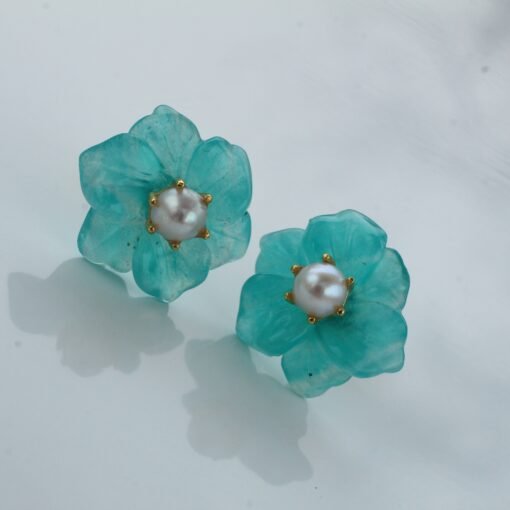 Natural Amazonite with Pearl Stud Earrings/Unique Amazonite Earrings/Tiny Petal Flower Earrings|Hand Carved Gemstone Earrings|Birthday Gift - Image 6