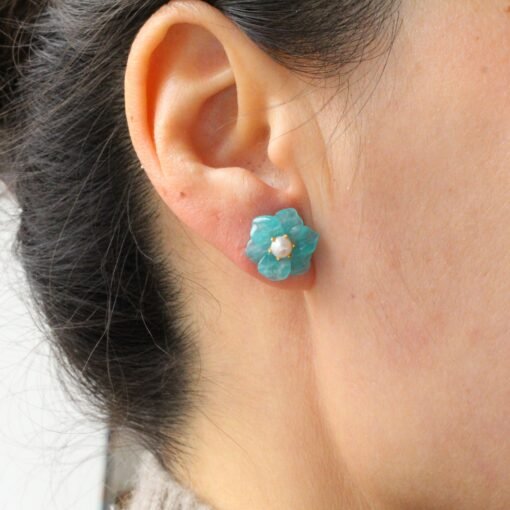 Natural Amazonite with Pearl Stud Earrings/Unique Amazonite Earrings/Tiny Petal Flower Earrings|Hand Carved Gemstone Earrings|Birthday Gift - Image 4