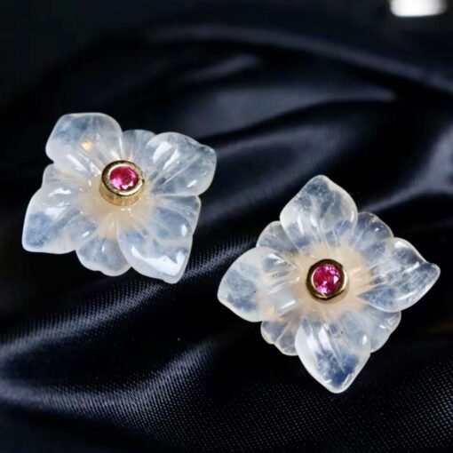 Natural Moonstone with Zircon Stud Earrings sterling silver/Unique Moonstone Earring/Statement Petal Moonstone Stud|Handmade moonstone studs - Image 3