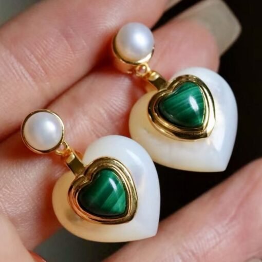 Heart shape malachite pearl earringsNatural malachite earrings s925 silverReal malachite earring with pearlFrench style malachite jewelry - Image 2