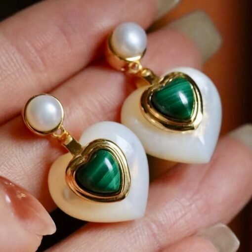 Heart shape malachite pearl earringsNatural malachite earrings s925 silverReal malachite earring with pearlFrench style malachite jewelry