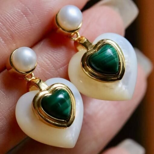 Heart shape malachite pearl earringsNatural malachite earrings s925 silverReal malachite earring with pearlFrench style malachite jewelry - Image 4