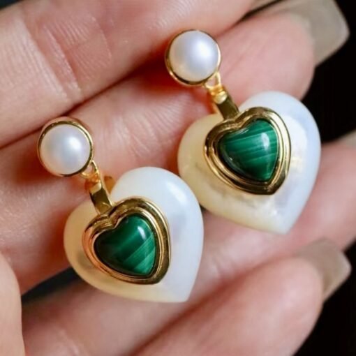 Heart shape malachite pearl earringsNatural malachite earrings s925 silverReal malachite earring with pearlFrench style malachite jewelry - Image 5