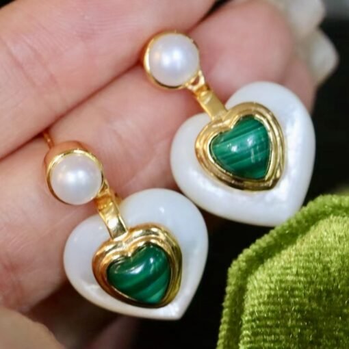 Heart shape malachite pearl earringsNatural malachite earrings s925 silverReal malachite earring with pearlFrench style malachite jewelry - Image 6