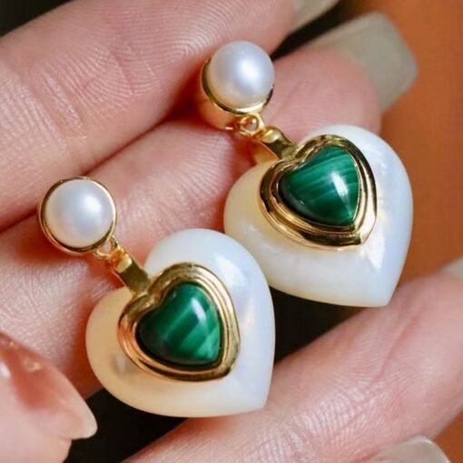 Heart shape malachite pearl earringsNatural malachite earrings s925 silverReal malachite earring with pearlFrench style malachite jewelry - Image 7