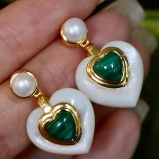 Heart shape malachite pearl earringsNatural malachite earrings s925 silverReal malachite earring with pearlFrench style malachite jewelry - Image 8