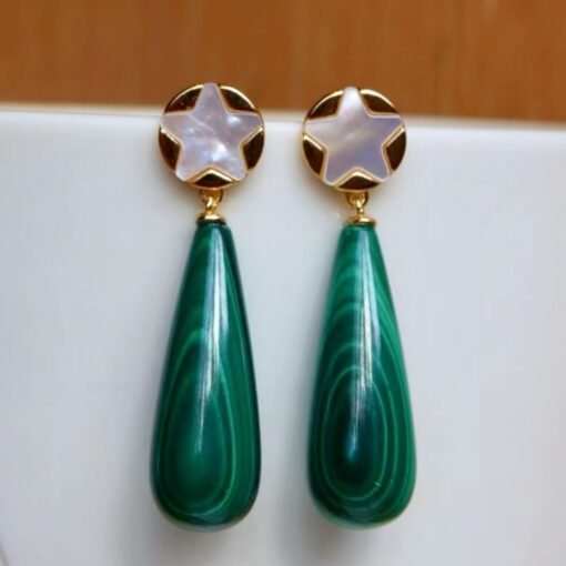 Natural Long Pear Malachite Drop Earrings 925 silver|Statement Malachite earring women|Real Fine Gemstone Earrings|Handmade Vintage Earrings