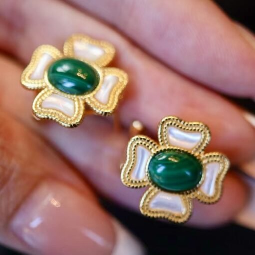 Natural Oval Malachite Studs Earrings silver|Malachite Jewelry|Vintage Green Studs Earrings|Antique Malachite Earrings|Anniversary Gift - Image 4