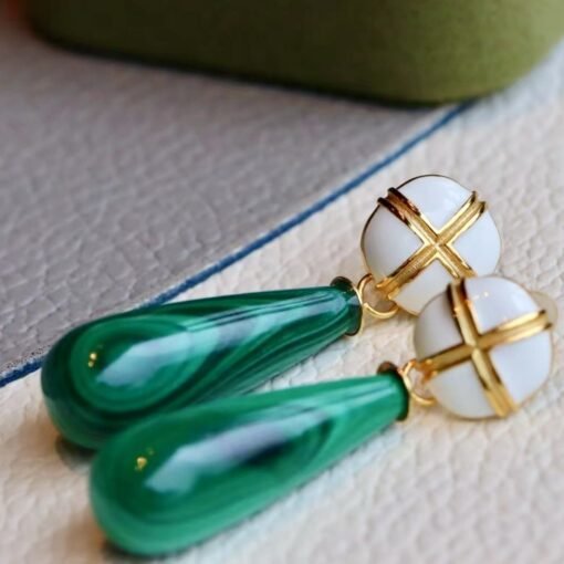 Genuine Long Teardrop Malachite Drop Earrings 925 sterling silver|Statement Malachite earring|Vivid Green Earrings|Handmade Vintage Earrings - Image 3