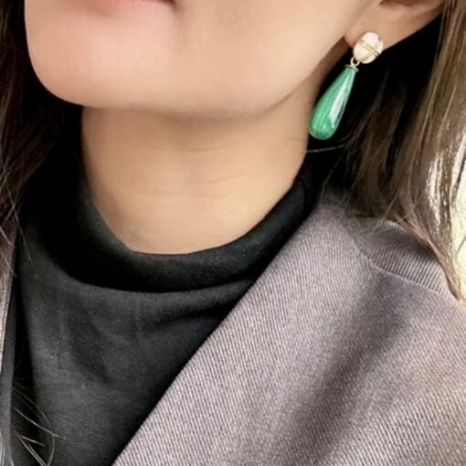 Genuine Long Teardrop Malachite Drop Earrings 925 sterling silver|Statement Malachite earring|Vivid Green Earrings|Handmade Vintage Earrings - Image 6