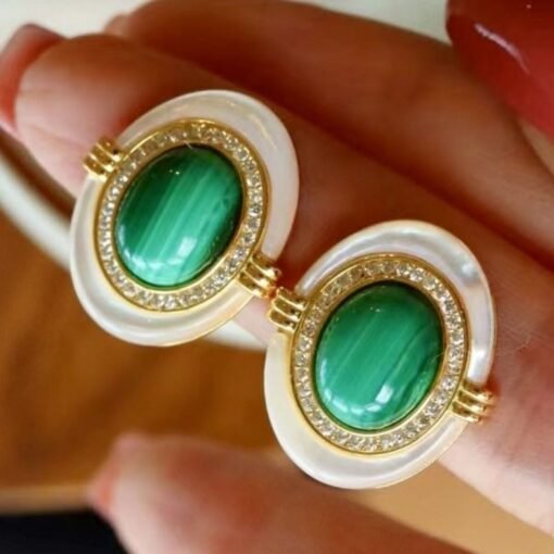 Genuine Malachite Studs Earrings Sterling Silver|Statement Malachite Earrings|Oval Halo Malachite Earrings Silver|Vintage malachite studs - Image 4