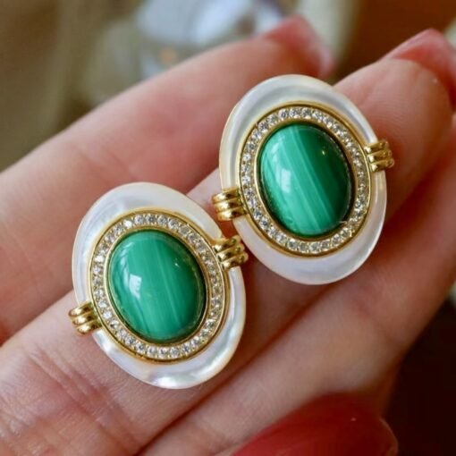 Genuine Malachite Studs Earrings Sterling Silver|Statement Malachite Earrings|Oval Halo Malachite Earrings Silver|Vintage malachite studs - Image 8