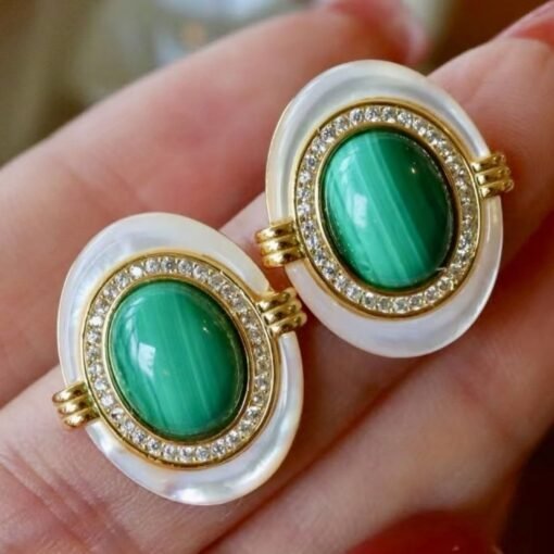 Genuine Malachite Studs Earrings Sterling Silver|Statement Malachite Earrings|Oval Halo Malachite Earrings Silver|Vintage malachite studs - Image 2
