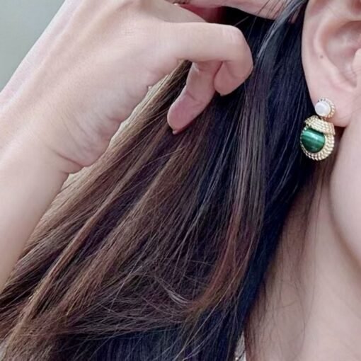 Genuine Malachite Earrings with Pearl Silver|Vintage Antique Malachite Earring|Statement Green Gemstone Stud Earring|Unique Pearl Studs Gold - Image 4