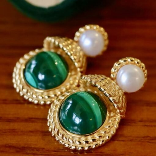 Genuine Malachite Earrings with Pearl Silver|Vintage Antique Malachite Earring|Statement Green Gemstone Stud Earring|Unique Pearl Studs Gold - Image 5