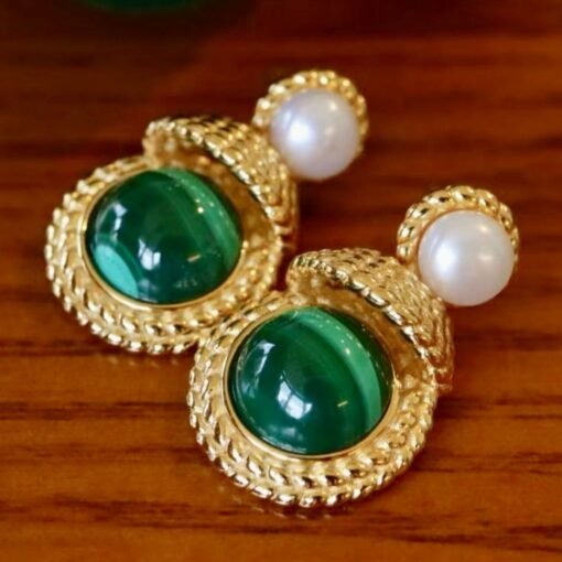 Genuine Malachite Earrings with Pearl Silver|Vintage Antique Malachite Earring|Statement Green Gemstone Stud Earring|Unique Pearl Studs Gold - Image 3