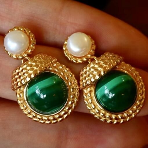 Genuine Malachite Earrings with Pearl Silver|Vintage Antique Malachite Earring|Statement Green Gemstone Stud Earring|Unique Pearl Studs Gold - Image 6