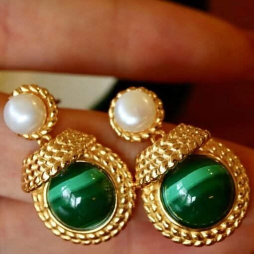 Genuine Malachite Earrings with Pearl Silver|Vintage Antique Malachite Earring|Statement Green Gemstone Stud Earring|Unique Pearl Studs Gold - Image 7