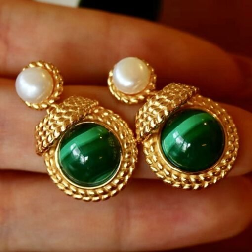Genuine Malachite Earrings with Pearl Silver|Vintage Antique Malachite Earring|Statement Green Gemstone Stud Earring|Unique Pearl Studs Gold - Image 8