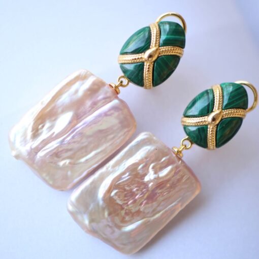 Unique Pearl Drop Earrings With Malachite|Real Pearl Studs Earrings|Dainty Pearl Earrings|Natural Hand Carved Gemstone Earrings - Image 3