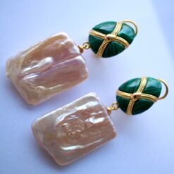 Unique Pearl Drop Earrings With Malachite|Real Pearl Studs Earrings|Dainty Pearl Earrings|Natural Hand Carved Gemstone Earrings