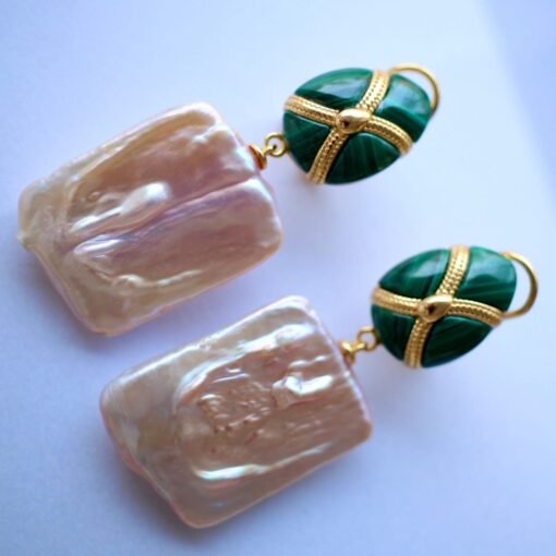 Unique Pearl Drop Earrings With Malachite|Real Pearl Studs Earrings|Dainty Pearl Earrings|Natural Hand Carved Gemstone Earrings