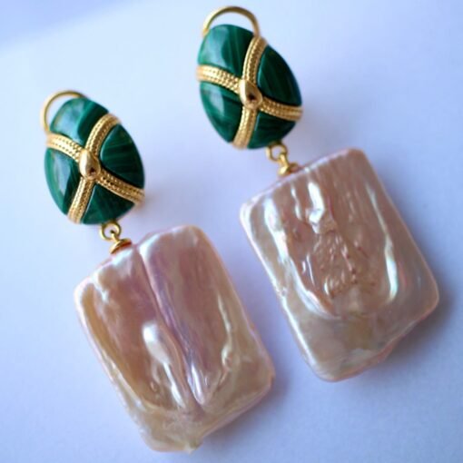 Unique Pearl Drop Earrings With Malachite|Real Pearl Studs Earrings|Dainty Pearl Earrings|Natural Hand Carved Gemstone Earrings - Image 2