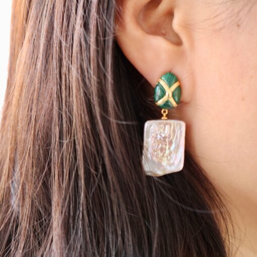 Unique Pearl Drop Earrings With Malachite|Real Pearl Studs Earrings|Dainty Pearl Earrings|Natural Hand Carved Gemstone Earrings - Image 4
