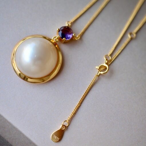 Natural Mabe Pearl Necklace Sterling Silver|Statement Minimalist Pearl Pendant|Real Pearl with Amethyst Pendant|Perfect Anniversary Gift - Image 2