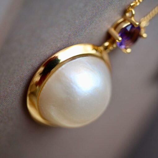 Natural Mabe Pearl Necklace Sterling Silver|Statement Minimalist Pearl Pendant|Real Pearl with Amethyst Pendant|Perfect Anniversary Gift - Image 7