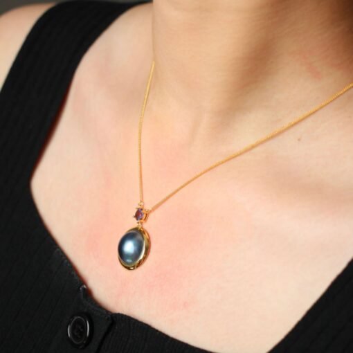 Natural Mabe Pearl Pendant Necklace Sterling Silver|Statement Minimalist Mabe Pearl Pendant|Unique blue mabe Pearl Pendant|Handmade Jewelry - Image 5