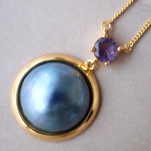 Natural Mabe Pearl Pendant Necklace Sterling Silver|Statement Minimalist Mabe Pearl Pendant|Unique blue mabe Pearl Pendant|Handmade Jewelry - Image 6